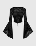 Black Lace-Up Corset Top with Sheer Bell Sleeves