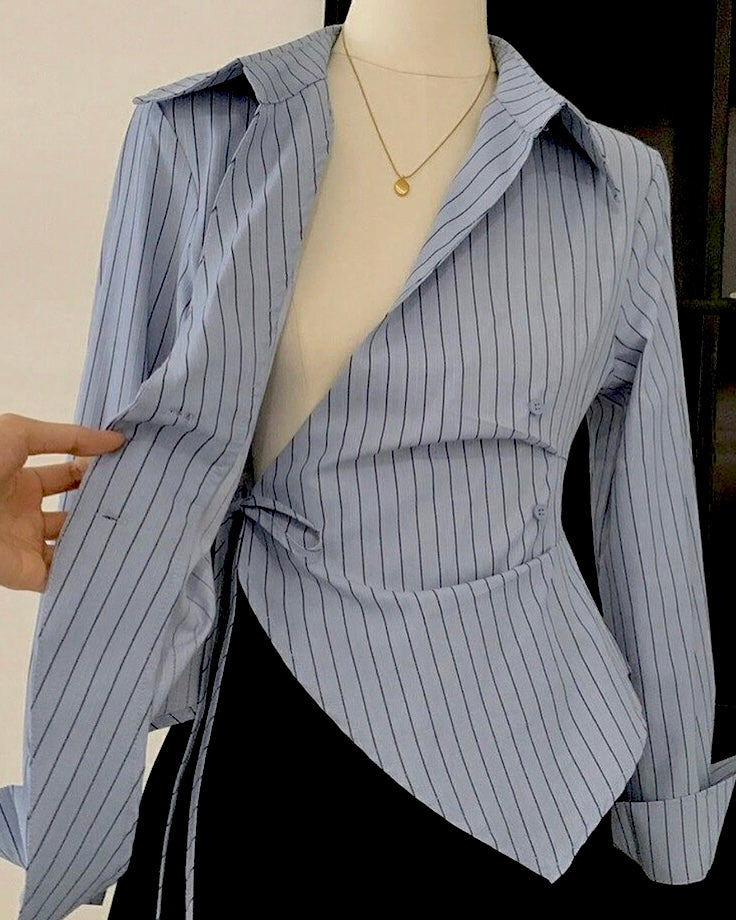 Elegant Grey Pinstripe Wrap Shirt