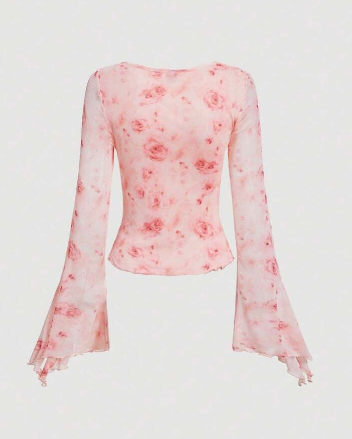 Pink Floral Mesh Tie-Front Top