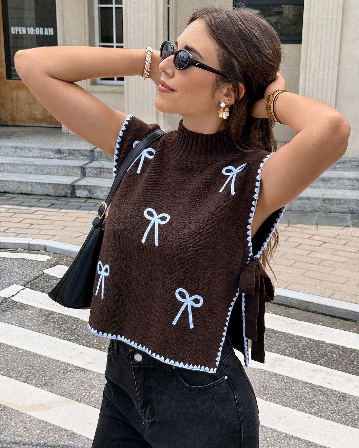 Brown Bow Detail Knit Top