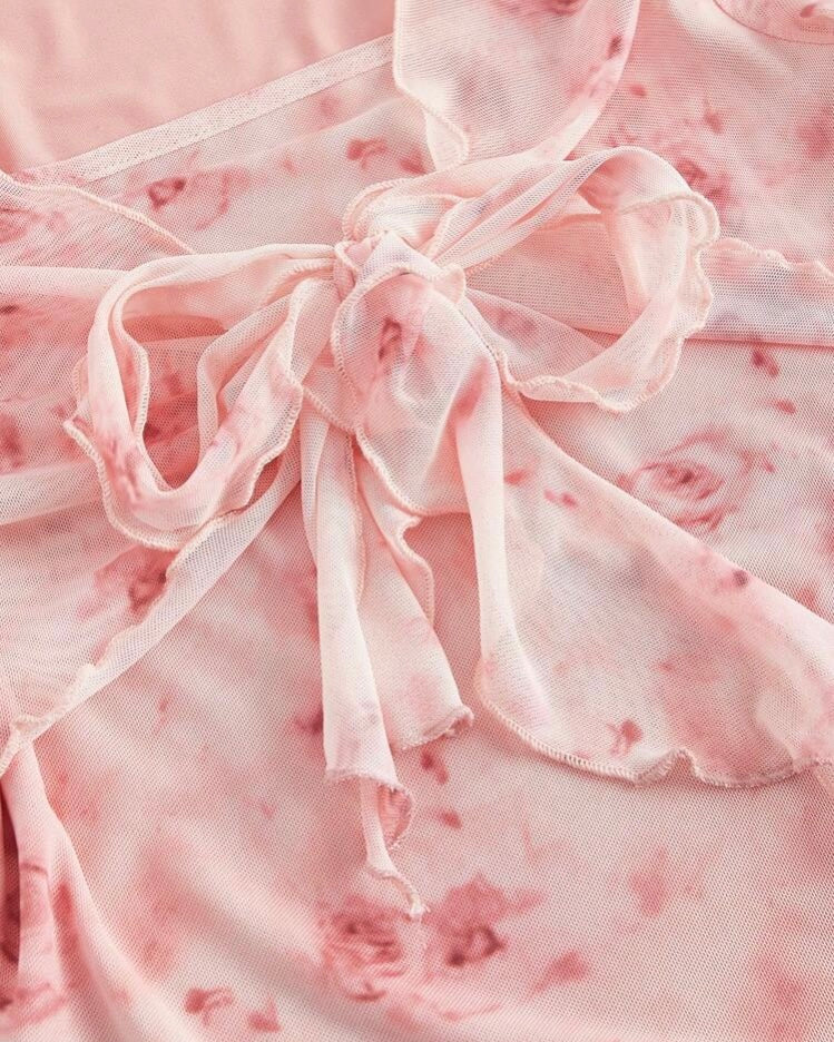 Pink Floral Mesh Tie-Front Top
