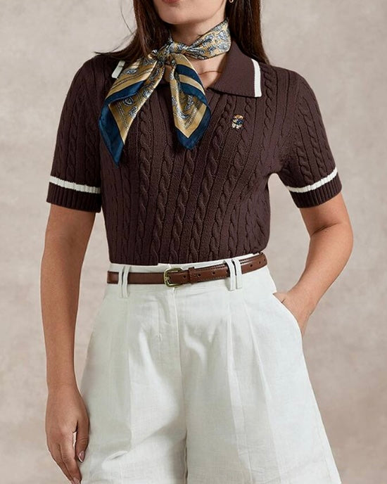 Brown Cable Knit Polo Shirt