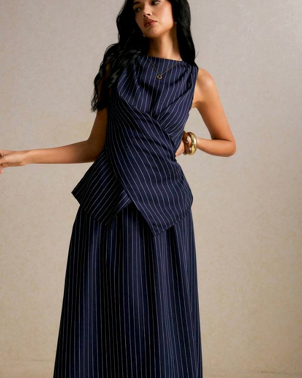 Navy Blue Pinstripe Sleeveless Midi Dress