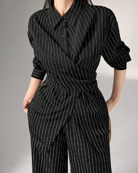 Black Pinstripe Wrap Co-Ord Set