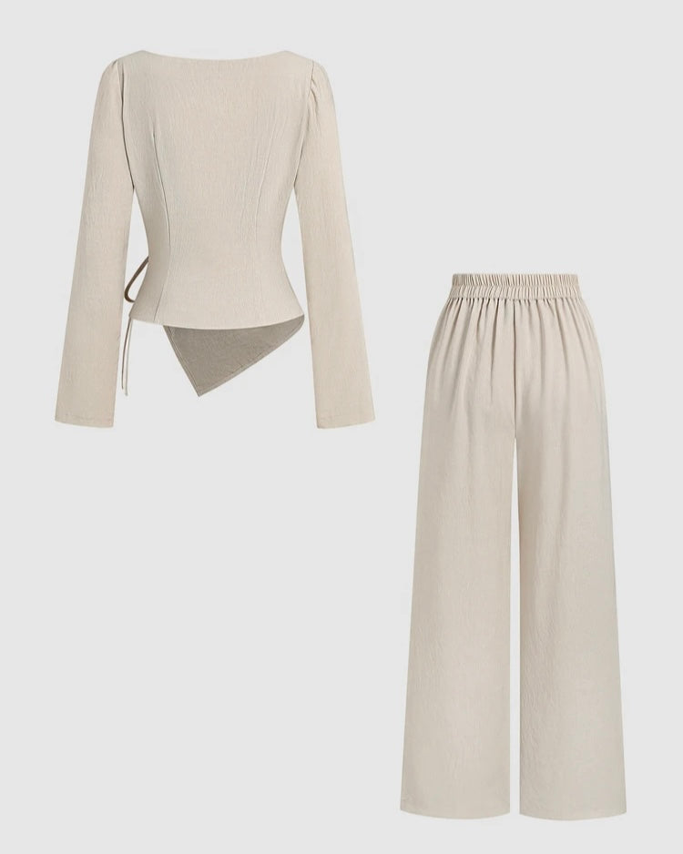 Ivory Wrap Top & Wide-Leg Pants Set