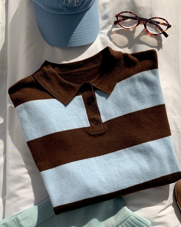 Sky Blue & Brown Striped Polo Shirt