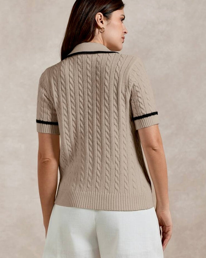 Beige Cable Knit Polo Top
