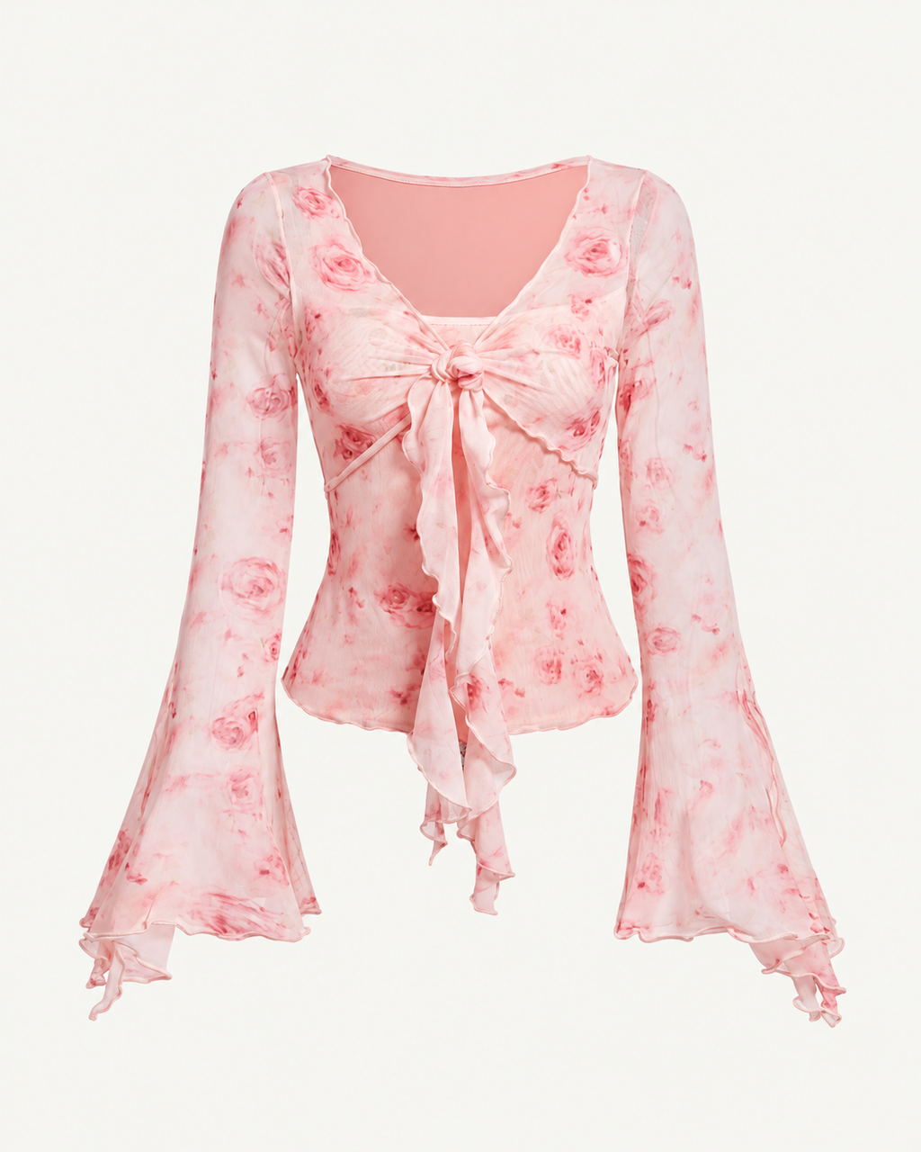 Pink Floral Mesh Tie-Front Top