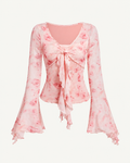 Pink Floral Mesh Tie-Front Top