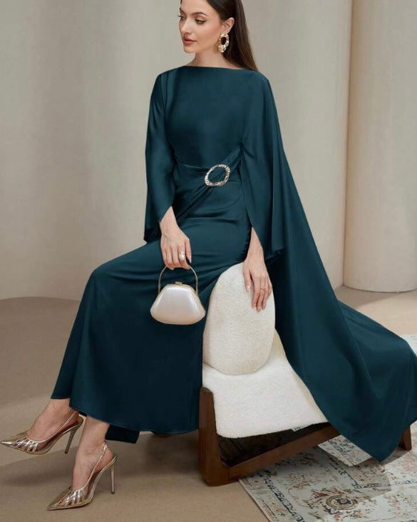 Teal Blue Draped Maxi Dress with Buckle Detail