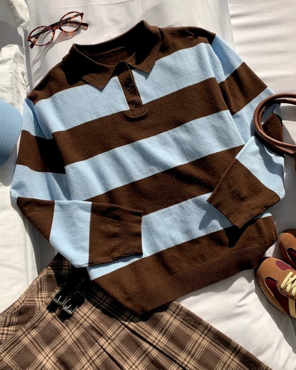 Sky Blue & Brown Striped Polo Shirt