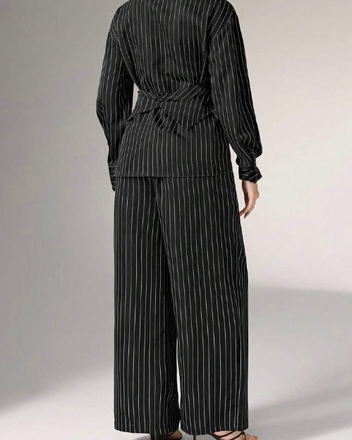 Black Pinstripe Wrap Co-Ord Set