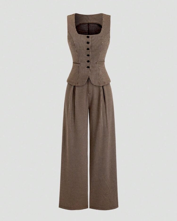 Brown Houndstooth Vest & Wide-Leg Pants Set