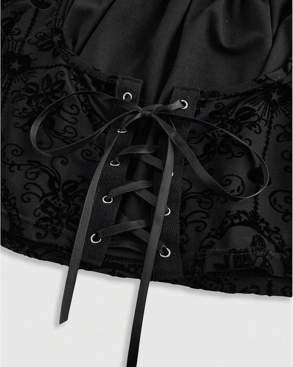 Black Lace-Up Corset Top with Sheer Bell Sleeves