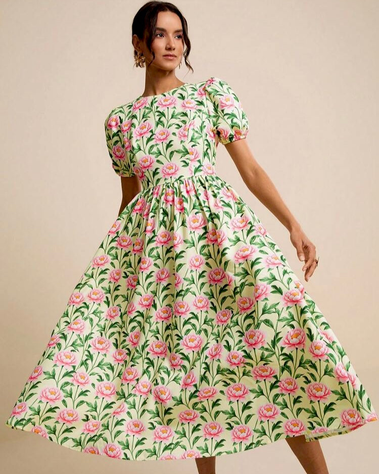 Floral Puff-Sleeve Fit & Flare Dress
