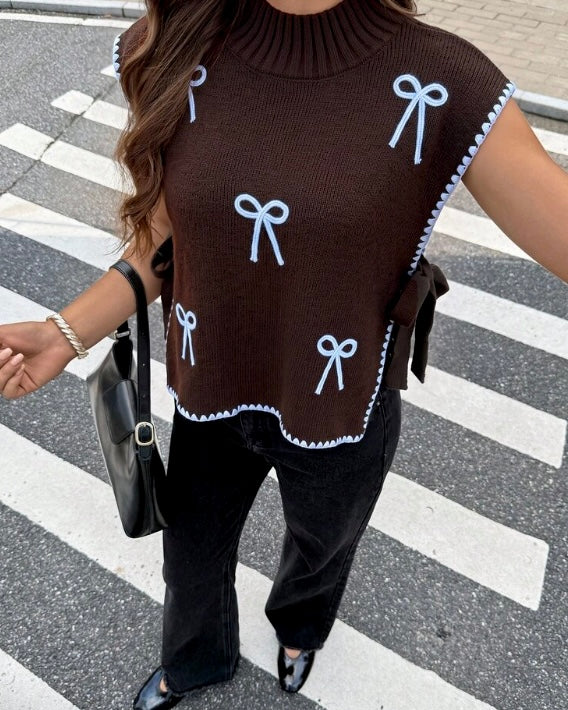 Brown Bow Detail Knit Top