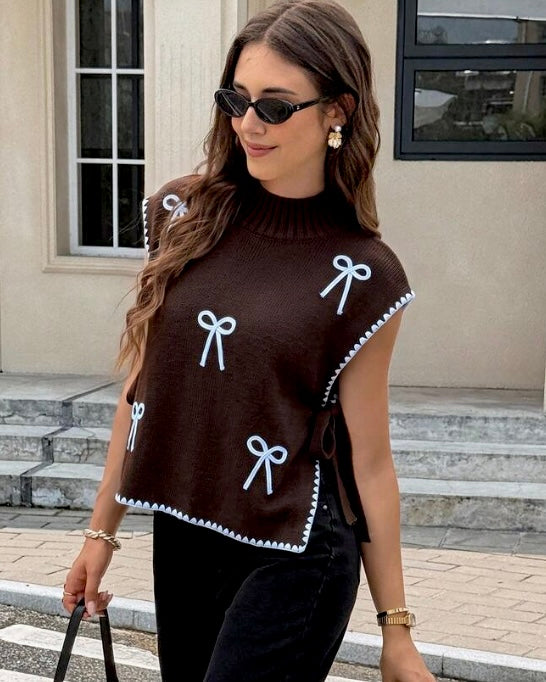Brown Bow Detail Knit Top