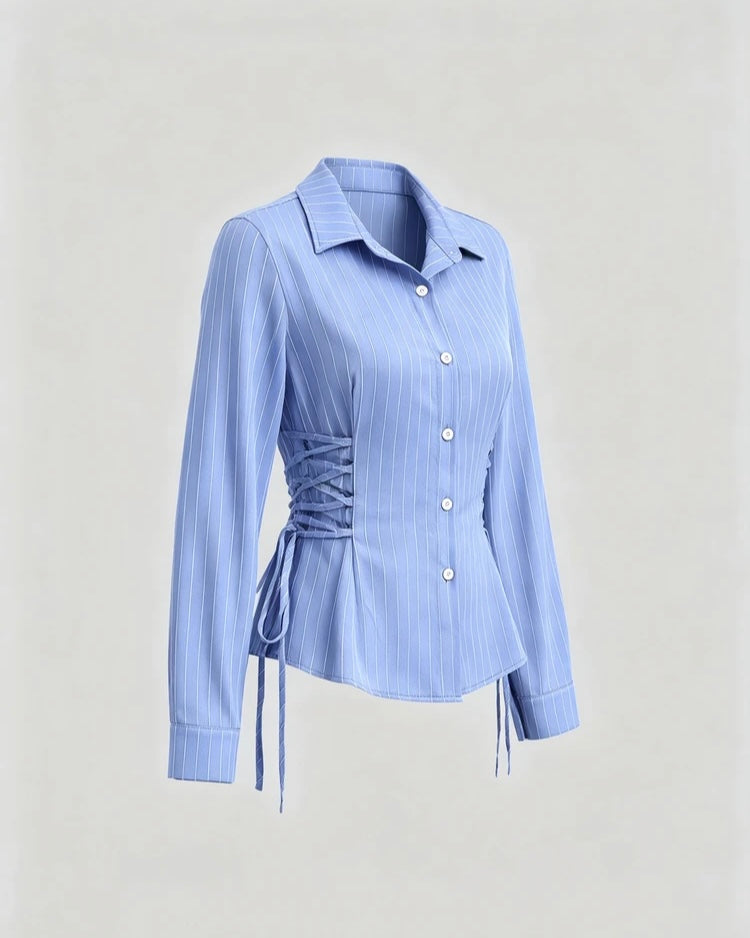 Sky Blue Pinstripe Lace-Up Shirt