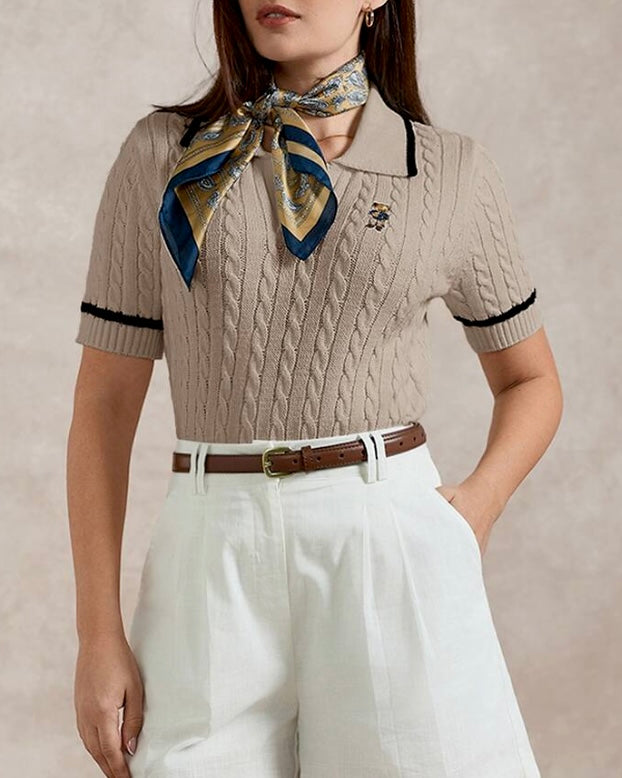 Beige Cable Knit Polo Top
