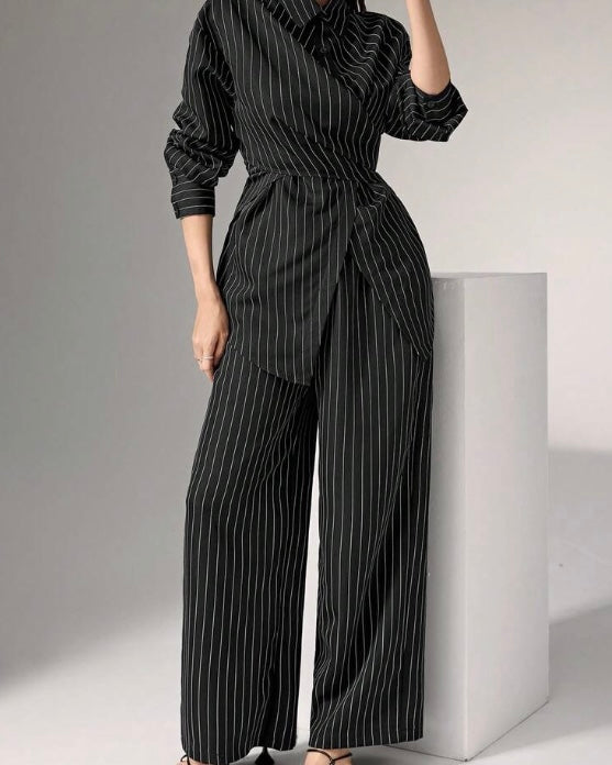 Black Pinstripe Wrap Co-Ord Set