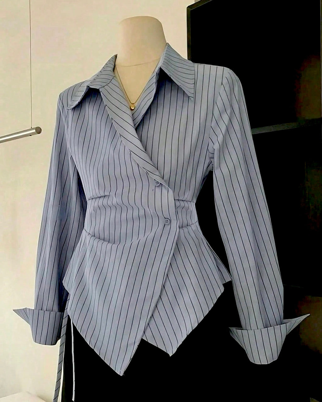 Elegant Grey Pinstripe Wrap Shirt