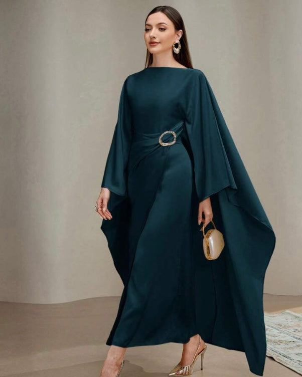 Teal Blue Draped Maxi Dress with Buckle Detail