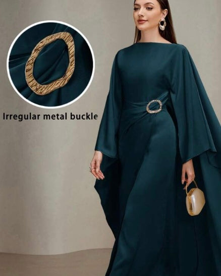 Teal Blue Draped Maxi Dress with Buckle Detail