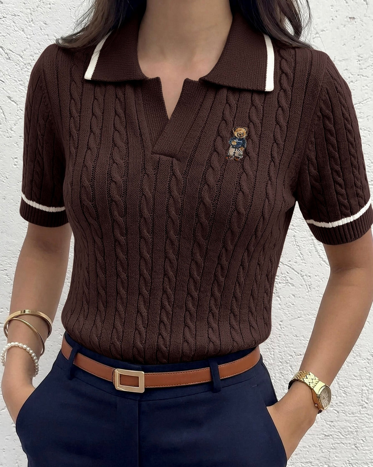 Brown Cable Knit Polo Shirt